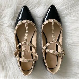 Black Patent Leather Flats w/ Gold Studded Ankle Strap -Valentino Dupes -Size 10